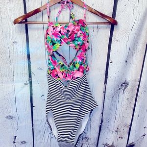 OP Pink Green Floral Black White Stripe Cutout Halter Swimsuit Size Medium